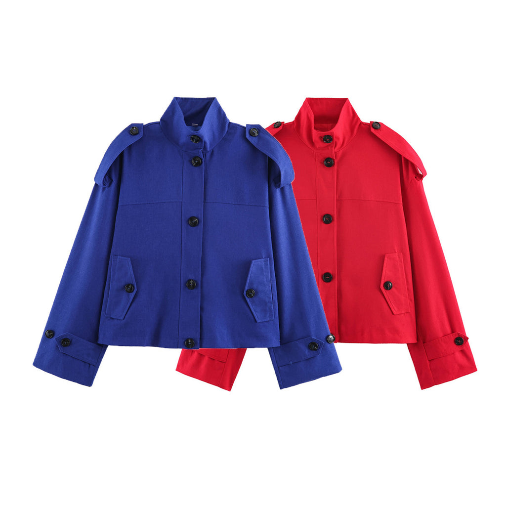 Women's Short Cargo Jacket with Stand Collar, Shoulder Flaps and Button Placket Fashion Glam