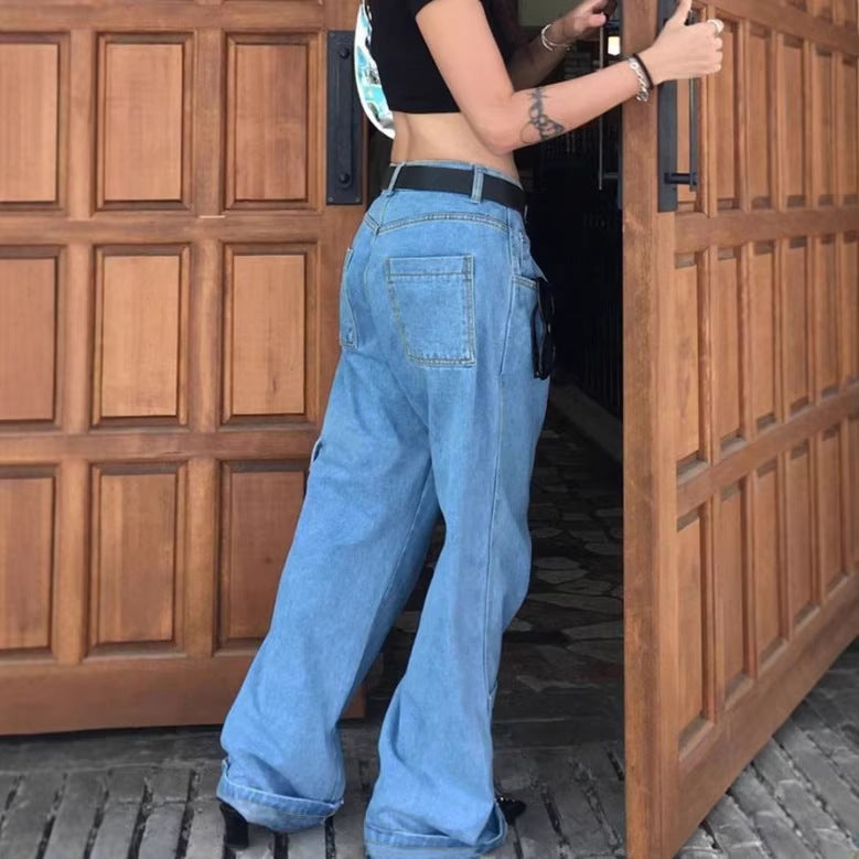 Women Extra Wide Baggy Jeans with Cargo Patches and Low Waist Fashion Glam