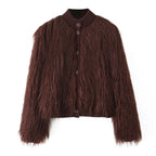 Women Short Cut Shaggy Faux Fur Cardigan with Ribbed Collar and Button Placket Fashion Glam