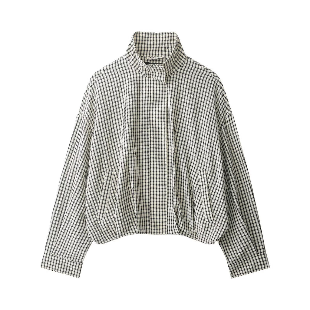 Women Checked Cropped Boxy Blouson with Stand Collar and Side Pockets Fashion Glam