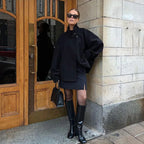 Women's 9800+ short boxy wool blend jacket with high funnel collar, asymmetrical button placket and adjustable cuffs Fashion Glam