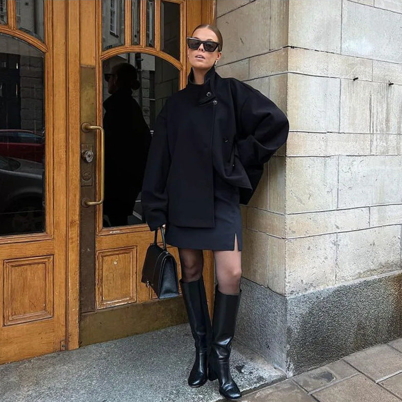 Women's 9800+ short boxy wool blend jacket with high funnel collar, asymmetrical button placket and adjustable cuffs Fashion Glam