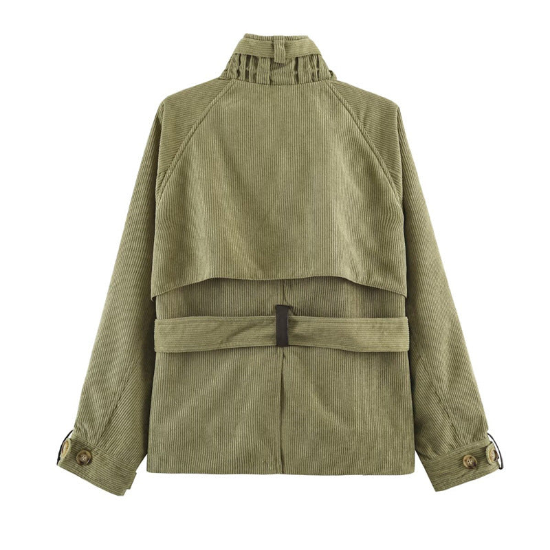 Women Short Cord Trench Coat with Waist Belt, Cape Detail and Stand Collar Fashion Glam