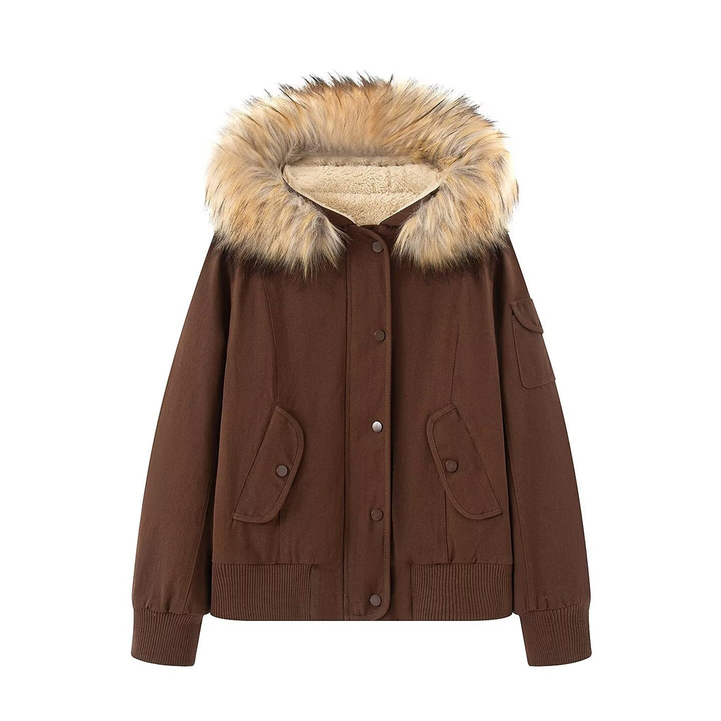 Women's Padded Bomber Jacket with Hood and Removable Faux Fur Collar Fashion Glam