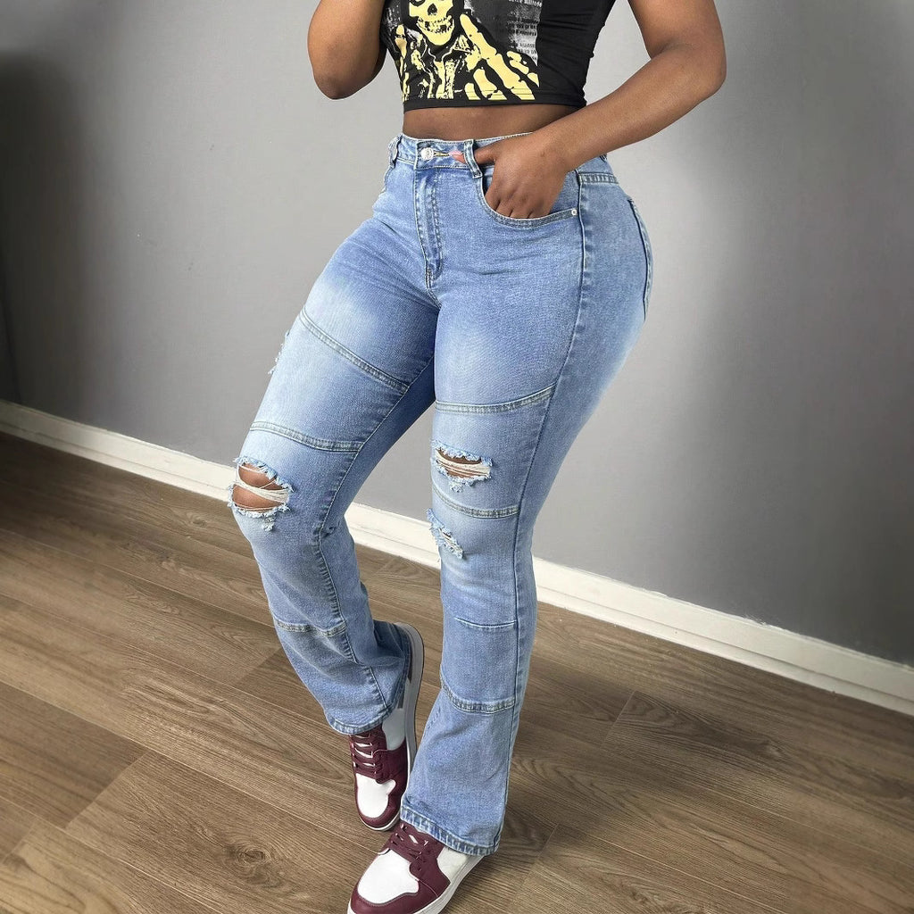 Women High-Waisted Distressed Flared Jeans with Panel Seams Fashion Glam