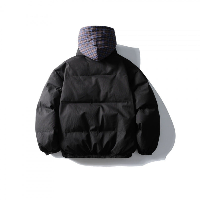 Unisex Padded Puffer Jacket in Boxy Cut with Checkered Insert Hood and High Stand-Up Collar Fashion Glam
