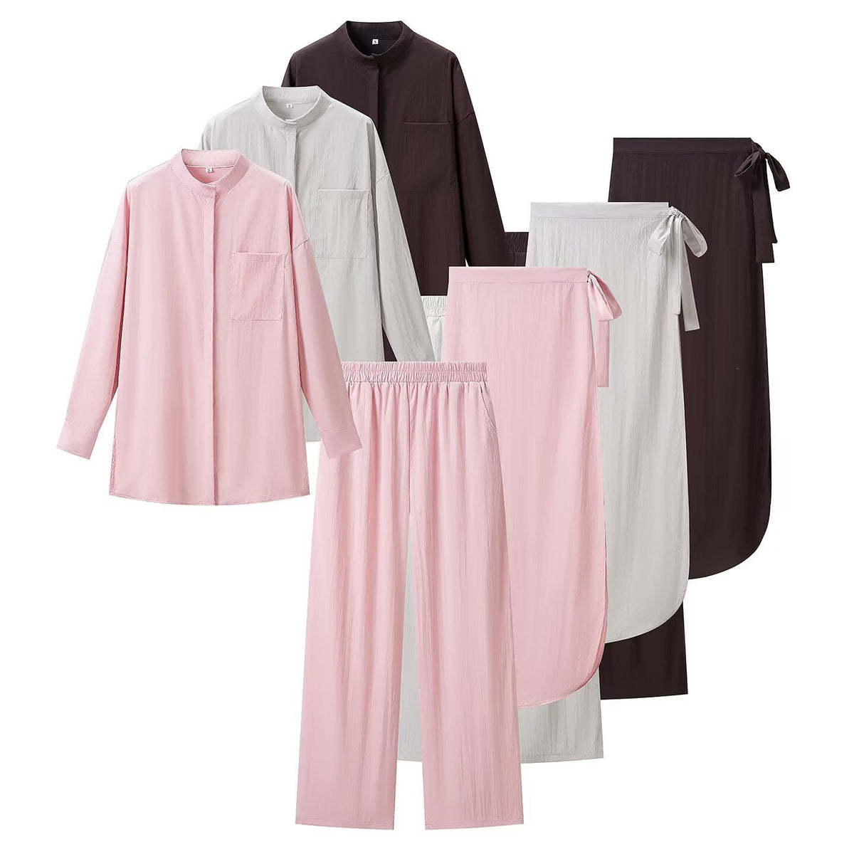 Women's Three-Piece Loungewear Set with Stand-Up Collar Shirt, Elastic Palazzo Pants and Wrap Skirt Fashion Glam