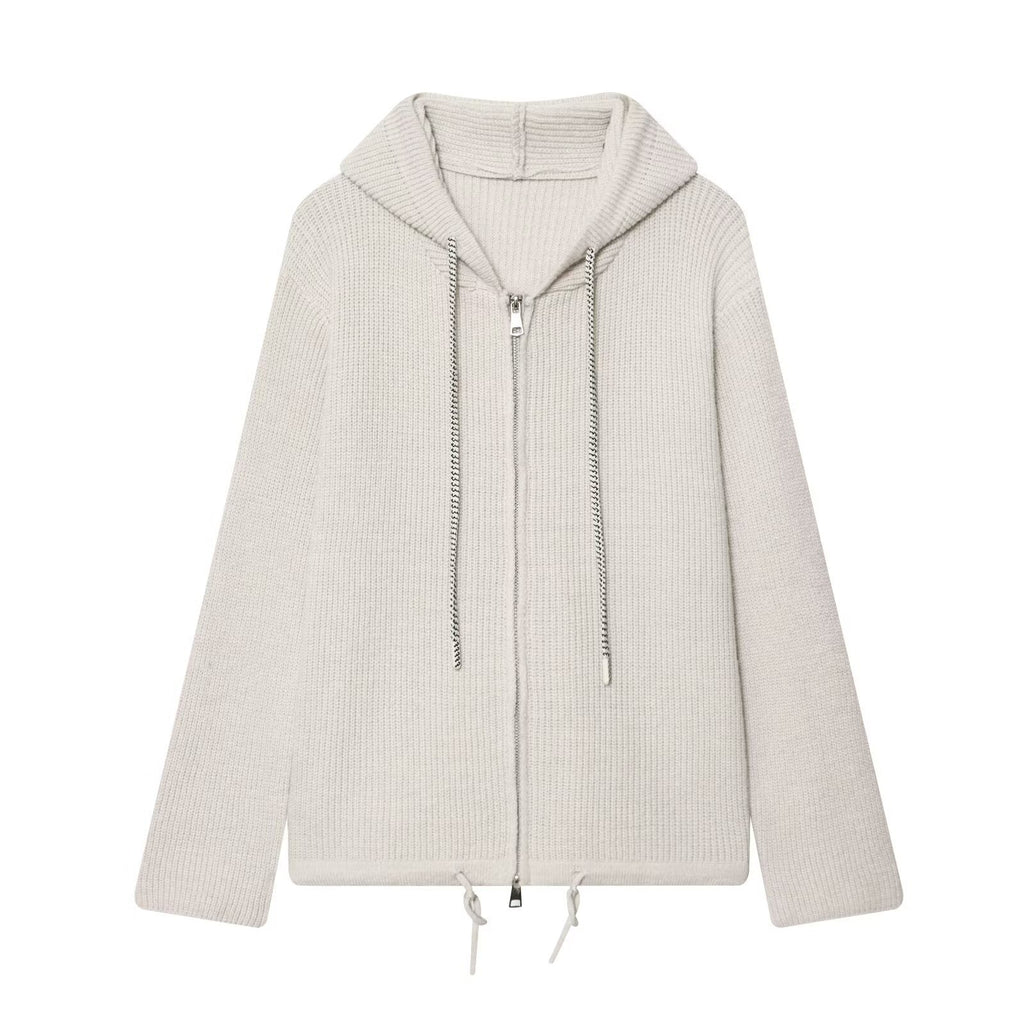 Women's chunky knit hooded jacket with zipper and drawstring Fashion Glam