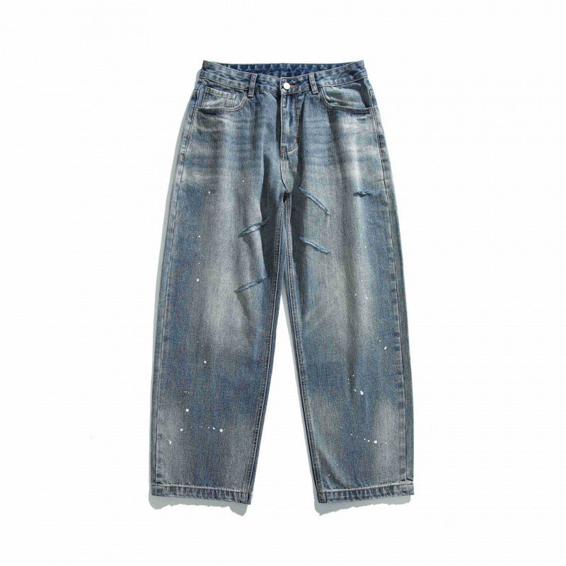 Unisex Loose Vintage Denim Jeans with Destroy Details and Paint Splatter Fashion Glam
