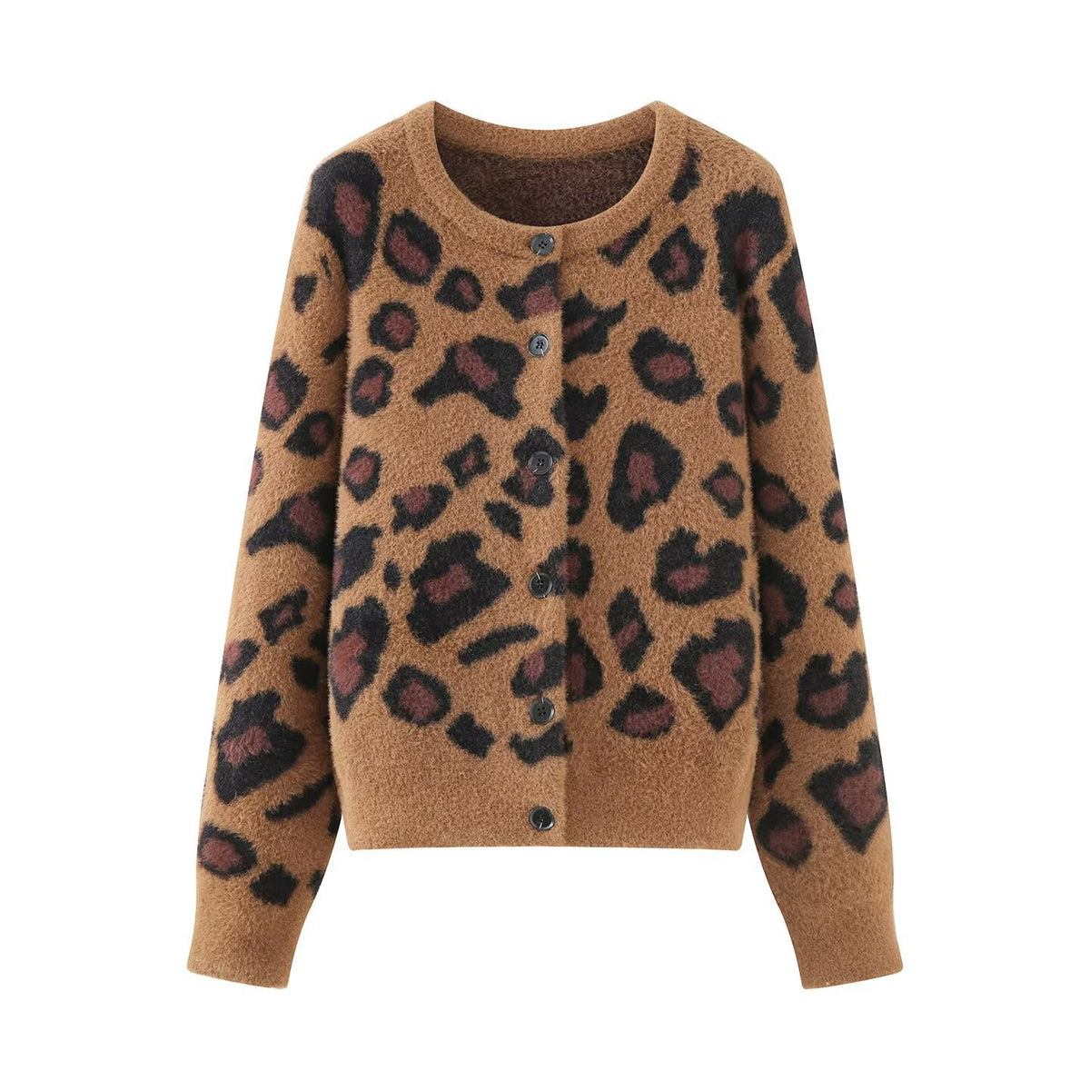 Women's fluffy cardigan in leopard print with round neckline and button placket Fashion Glam