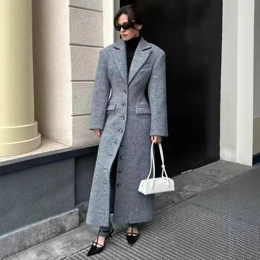 Ladies Longline Wool Blend Coat with Shawl Collar and Flap Pockets Fashion Glam