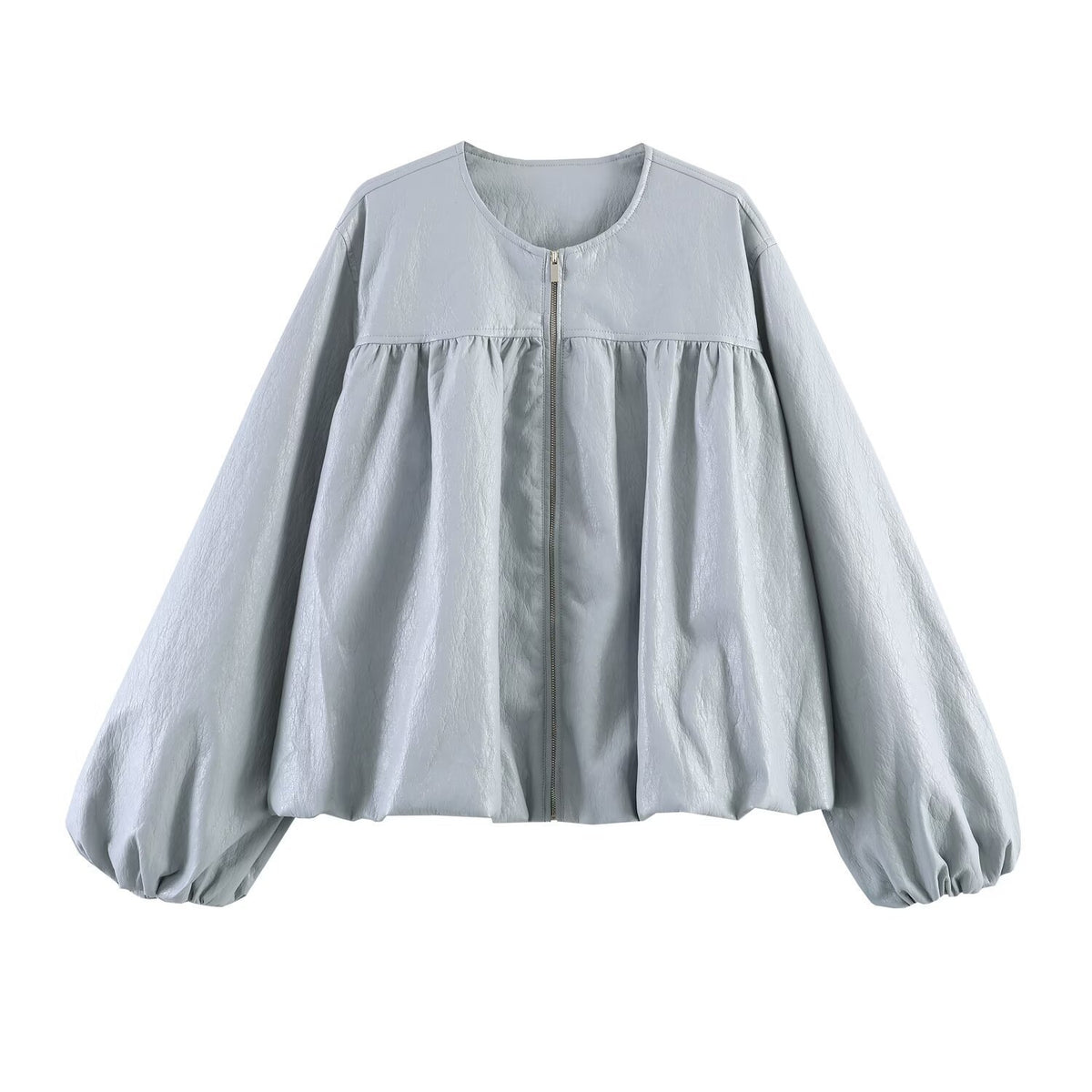 Women Oversize Faux Leather Jacket with Round Neck, Gathered Yoke and Balloon Sleeves Fashion Glam