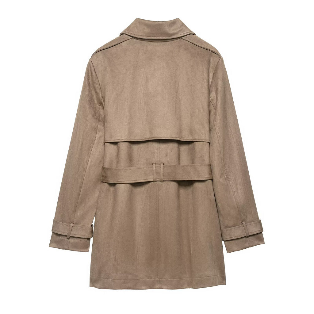 Women's Double Breasted Suede Effect Trench Coat with Waist Belt Fashion Glam