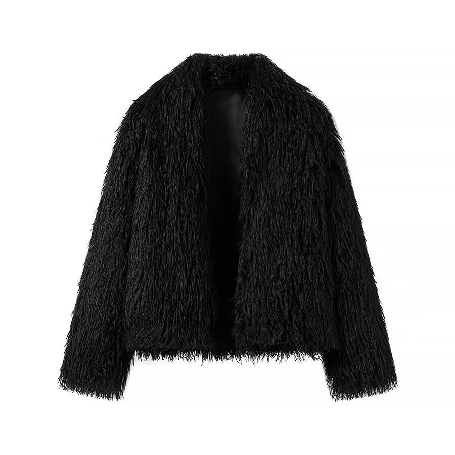 Women Short Fluffy Faux Fur Jacket with Long Fiber Texture Fashion Glam