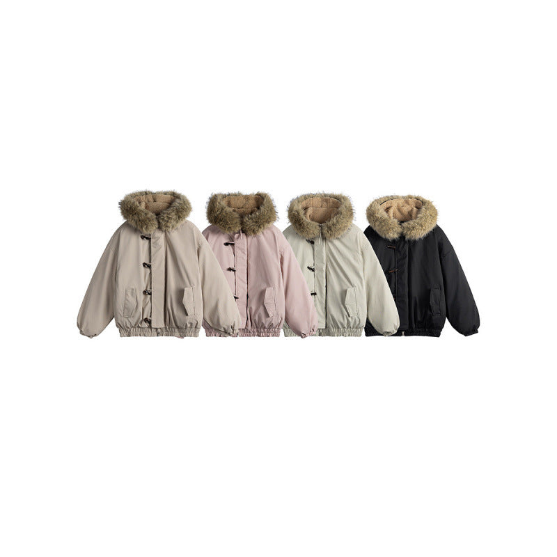 Unisex Padded Hooded Jacket in Boxy Cut with Teddy Lining, Faux Fur Collar and Toggle Closures Fashion Glam