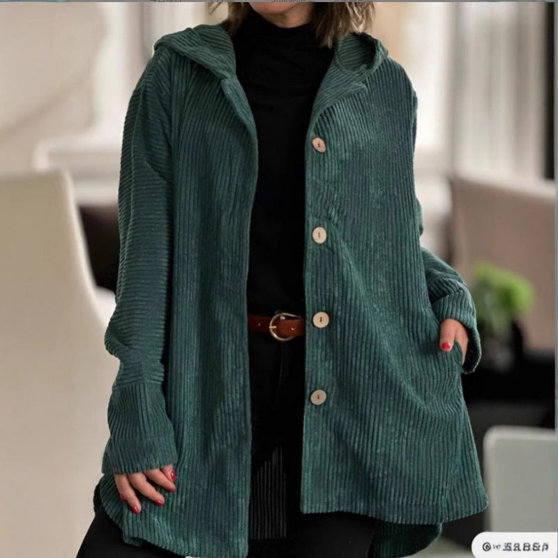 Women's Long Hooded Knitted Cardigan with Ribbed Texture, Button Placket and Side Pockets Fashion Glam
