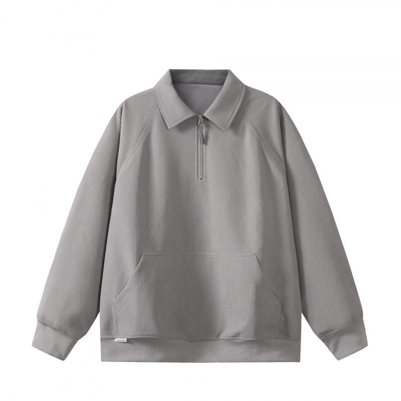 Unisex Oversize Half-zip Sweatshirt with Polo Collar, Waffle Structure and Kangaroo Pocket Fashion Glam