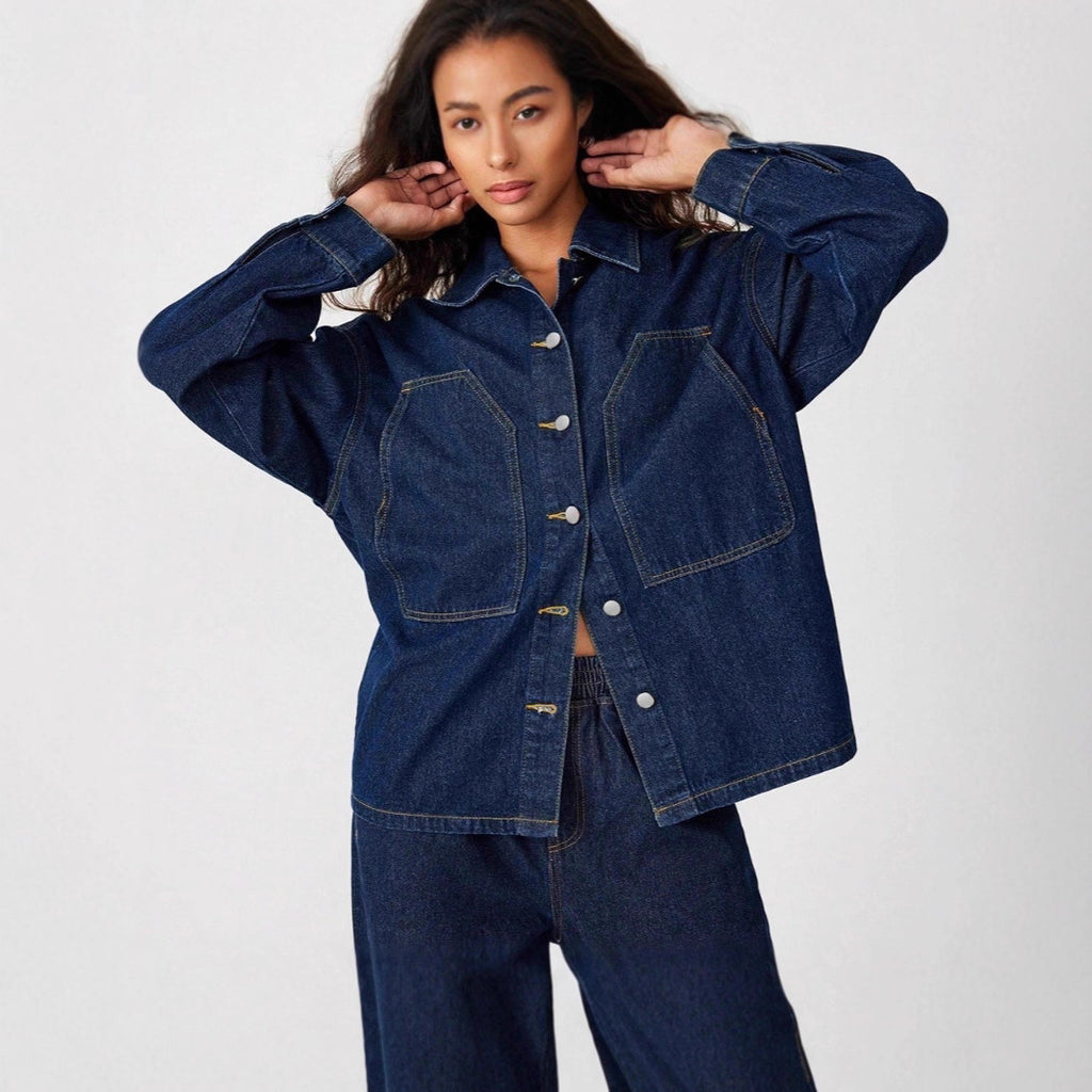 Women's Oversized Denim Jacket with Distinctive Front Pockets and Relaxed Fit Fashion Glam