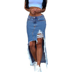 Women's High-Cut Denim Midi Skirt with Deep Front Slit, Destroyed Detail and Raw Fringe Hem Fashion Glam