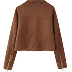 Women's Cropped Suede Jacket with Shirt Collar, Full Metal Zipper and Zipper Pockets Fashion Glam