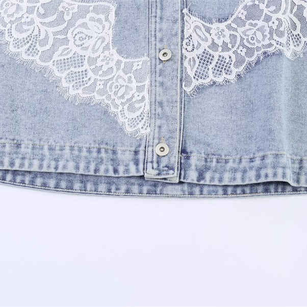 Women cropped denim jacket with lace trim and dropped shoulder Fashion Glam