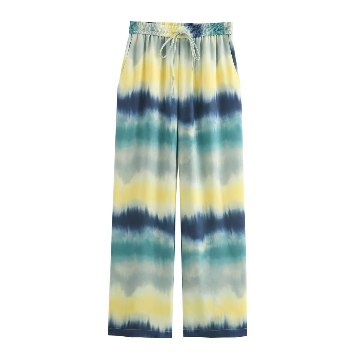 Women's Wide Palazzo Lounge Pants with Elastic Waistband, Drawstring and Watercolor Print Fashion Glam