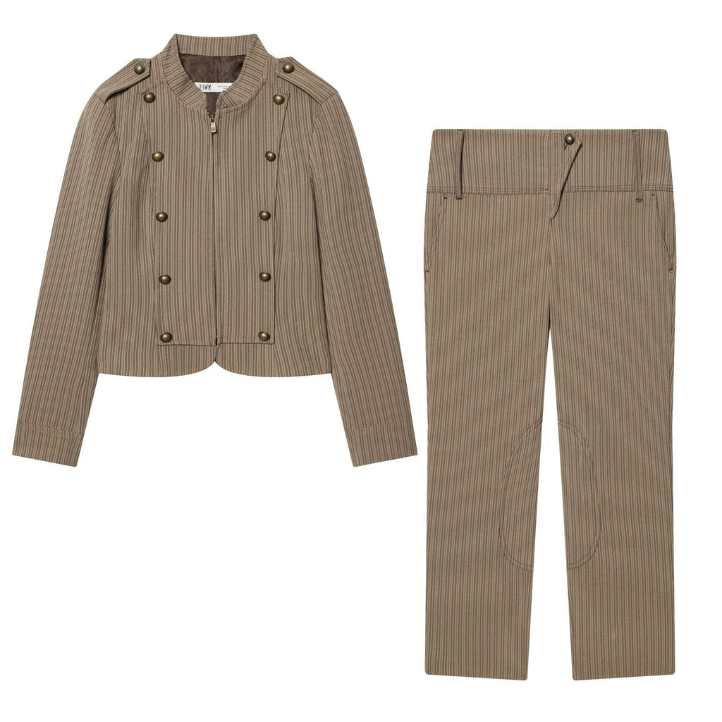 Ladies High-Waisted Cropped Stretch Pants with Pinstripes and Knee Patches Fashion Glam