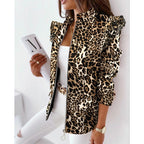 Women's leopard print statement jacket with ruffle shoulder and zipper Fashion Glam