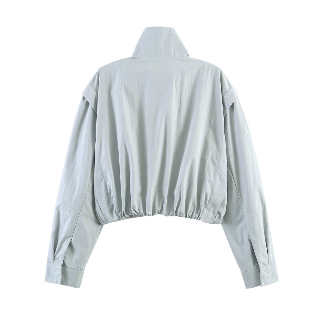 Women's Cropped Utility Jacket with High Standing Collar, Loose Raglan Sleeves and Concealed Front Placket Fashion Glam