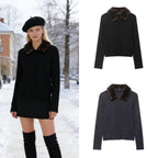 Women's fine-knit cardigan with faux fur collar and concealed button placket Fashion Glam