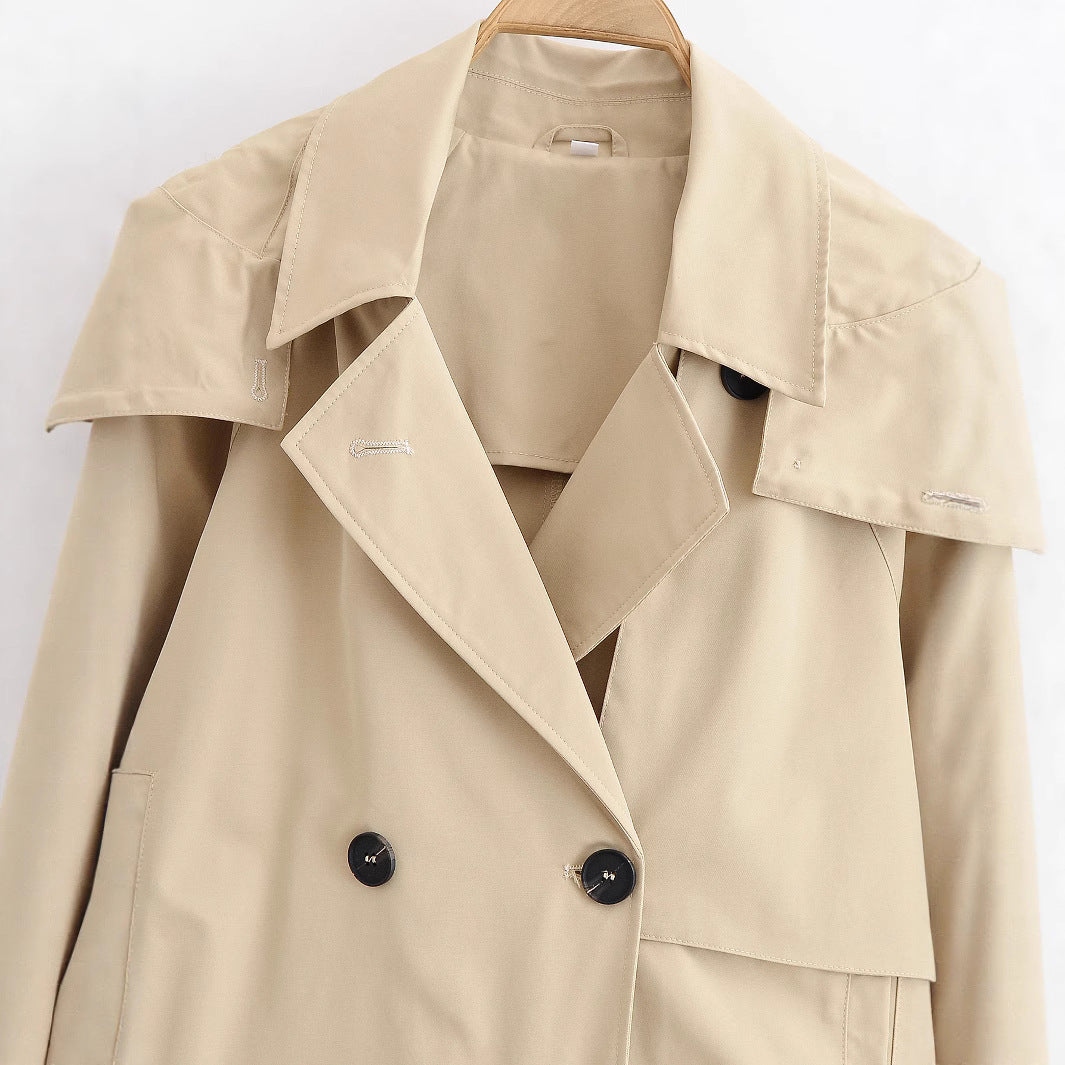 Women short jacket in trench coat style with double-breasted button placket and adjustable cuffs Fashion Glam