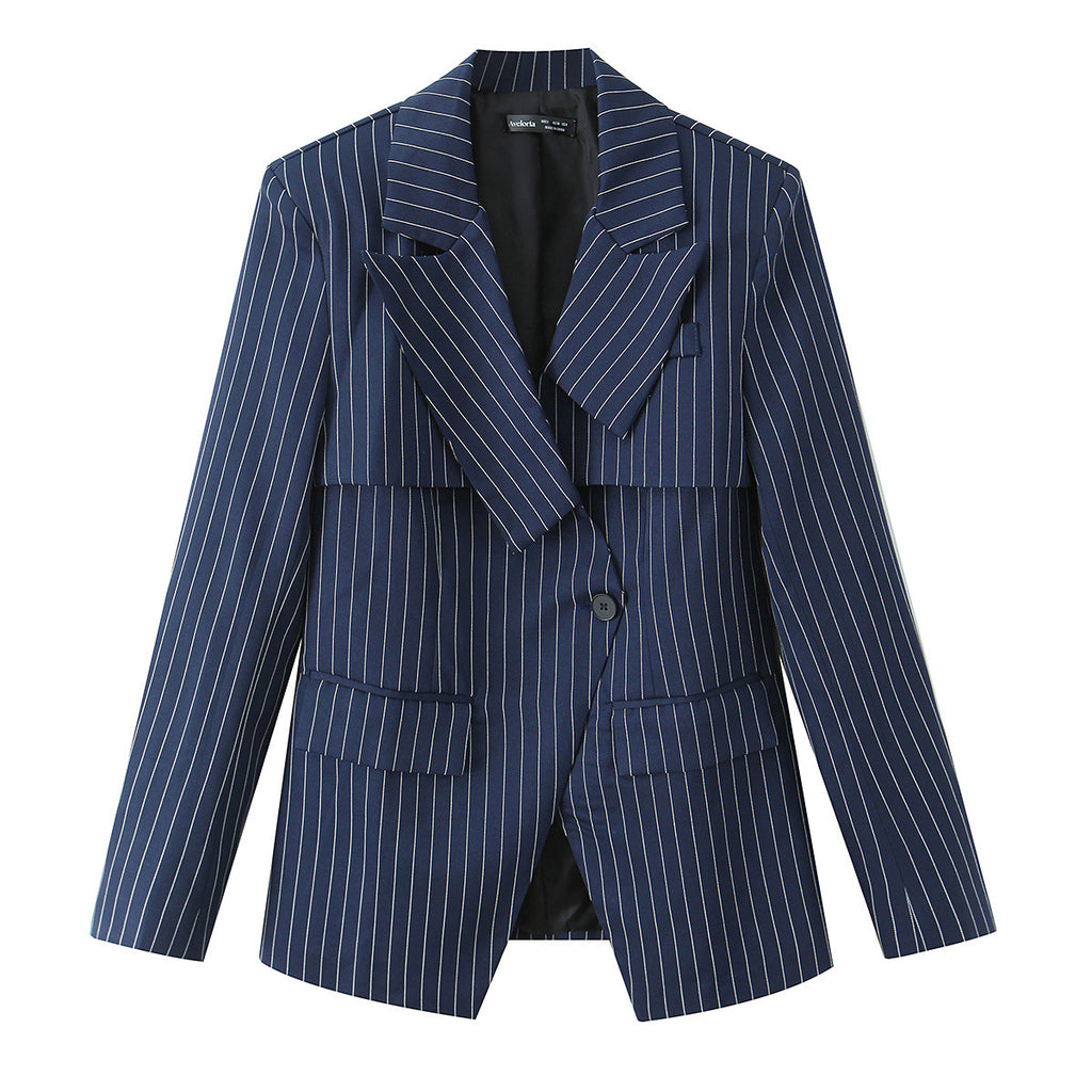 Women Tailored Pinstripe Blazer with Asymmetrical Lapels and Patch Pockets Fashion Glam