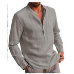 Men's Lightweight Linen Shirt with Stand Collar, Half Button Placket and Chest Pocket Fashion Glam