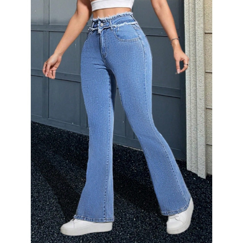 Women High-Waisted Sculpting Flared Jeans with Gathered Waistband and Figure-Shaping Fit Fashion Glam