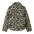 Women’s oversized quilted puffer jacket with leopard pattern and wide shawl collar Fashion Glam