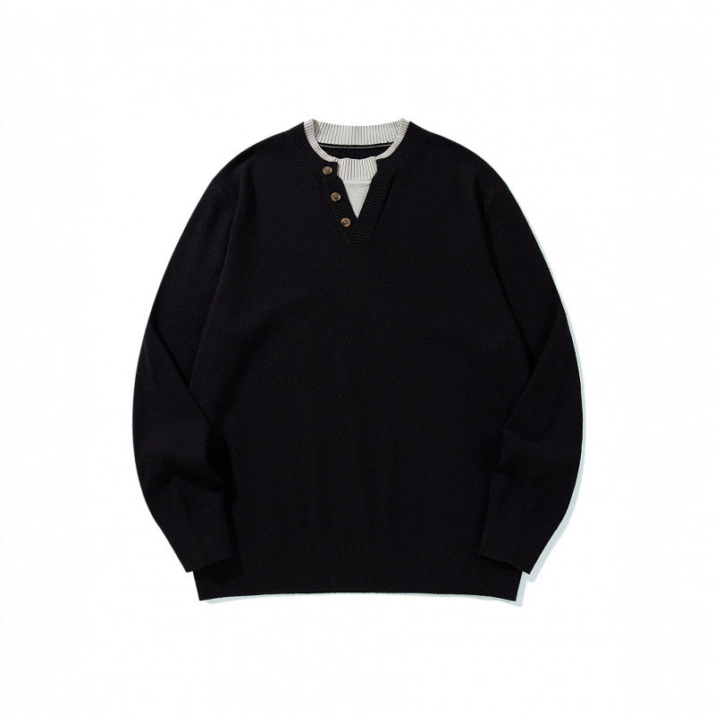 Unisex knit sweater with Henley button placket, contrast collar and boxy cut Fashion Glam