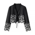 Women's short embroidered bolero jacket with ruffle collar and ties Fashion Glam