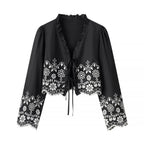 Women's short embroidered bolero jacket with ruffle collar and ties Fashion Glam