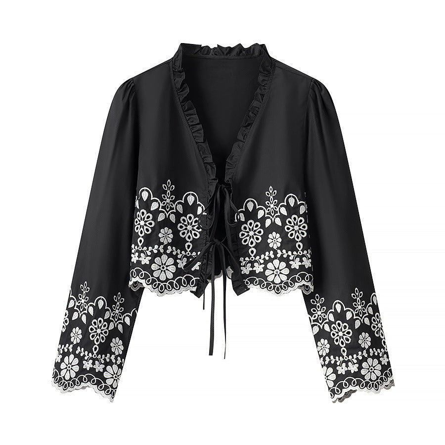 Women's short embroidered bolero jacket with ruffle collar and ties Fashion Glam