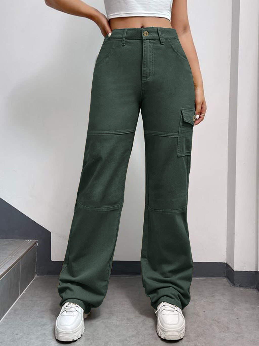 Women's High-Waisted Cargo Palazzo Pants with Seam Segments and Side Flap Pocket Fashion Glam