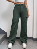 Women's High-Waisted Cargo Palazzo Pants with Seam Segments and Side Flap Pocket Fashion Glam