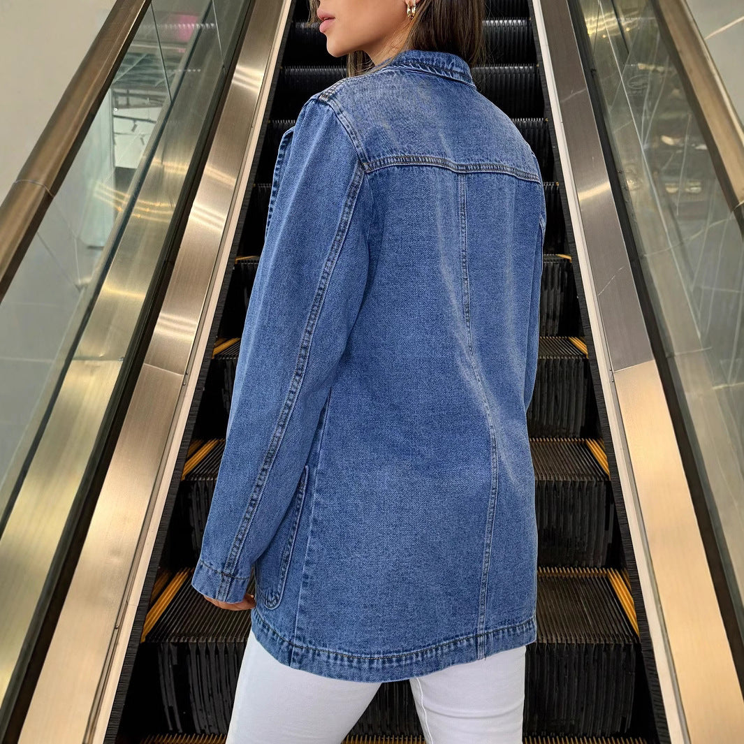Ladies Longline Denim Jacket with casual oversized cut and patch pockets Fashion Glam