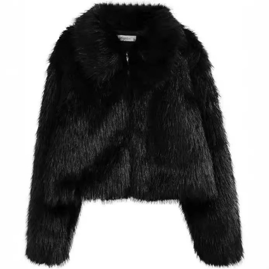 Women's Short Shaggy Faux Fur Blouson with Dense High Pile and Boxy Cropped Fit Fashion Glam