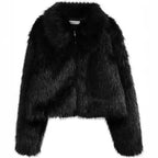 Women's Short Shaggy Faux Fur Blouson with Dense High Pile and Boxy Cropped Fit Fashion Glam
