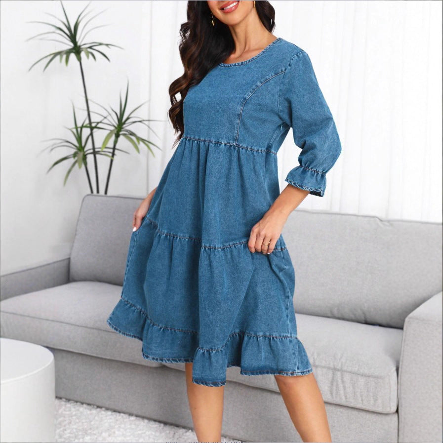 Women's tiered ruffle denim midi dress with elbow-length sleeves and gathered empire waist Fashion Glam