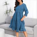 Women's tiered ruffle denim midi dress with elbow-length sleeves and gathered empire waist Fashion Glam