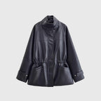 Women's Oversized Faux Leather Jacket with Stand Collar, Waist Drawstring and Patch Pockets Fashion Glam