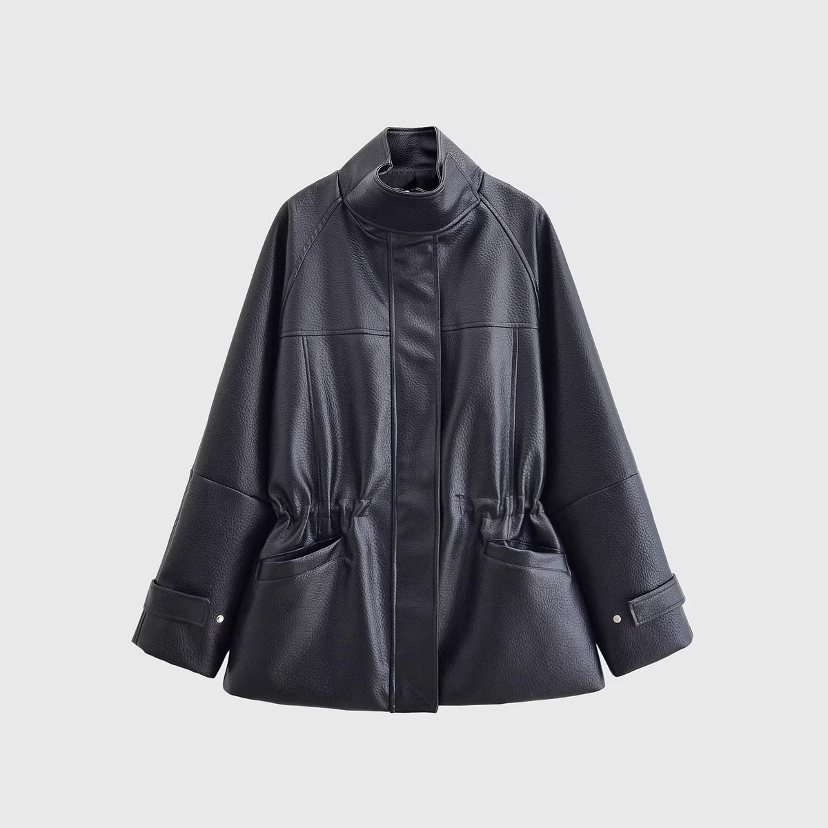 Women's Oversized Faux Leather Jacket with Stand Collar, Waist Drawstring and Patch Pockets Fashion Glam