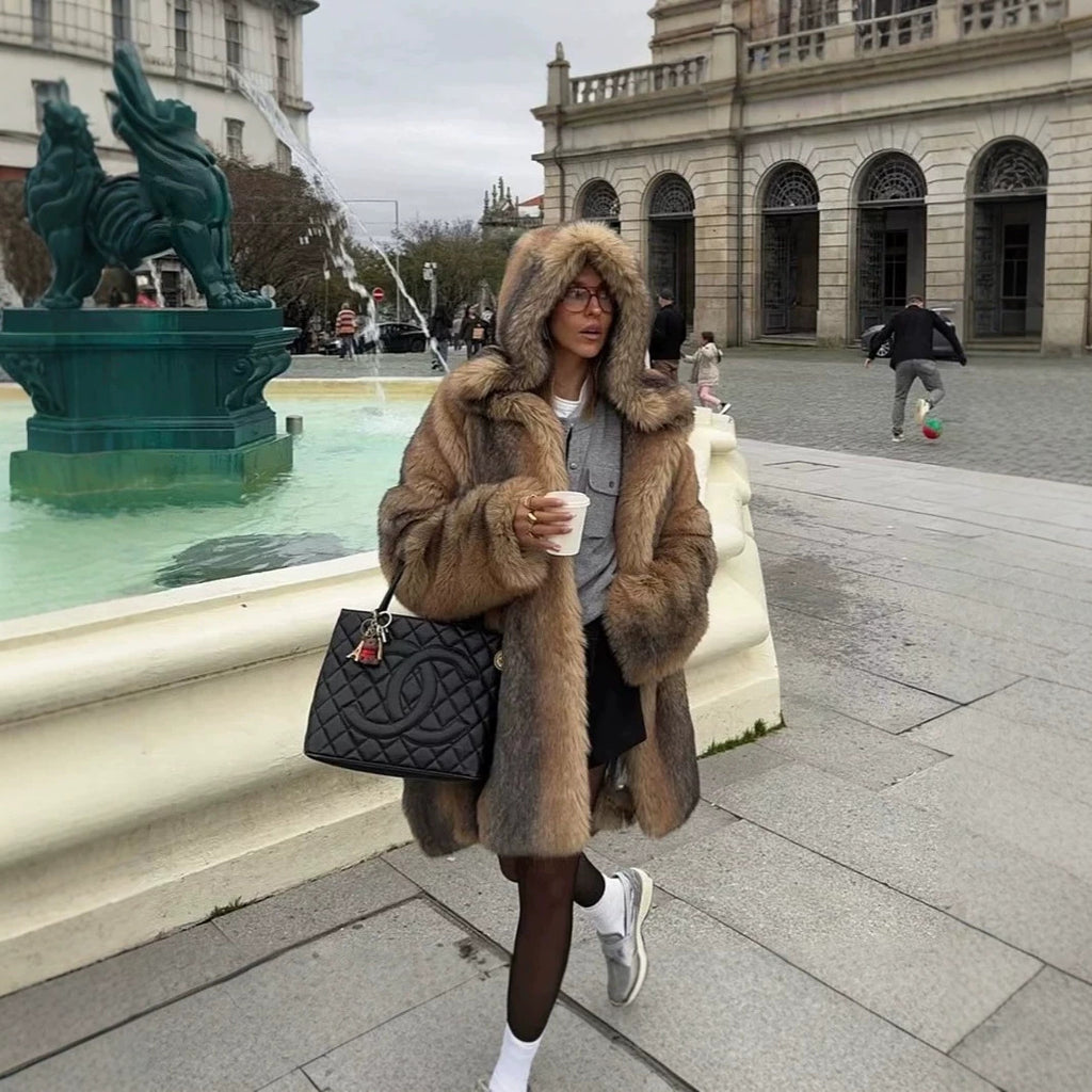 Women's Luxury Faux Fur Coat with A-Line Cut, Hood, and Microfiber Lining Fashion Glam