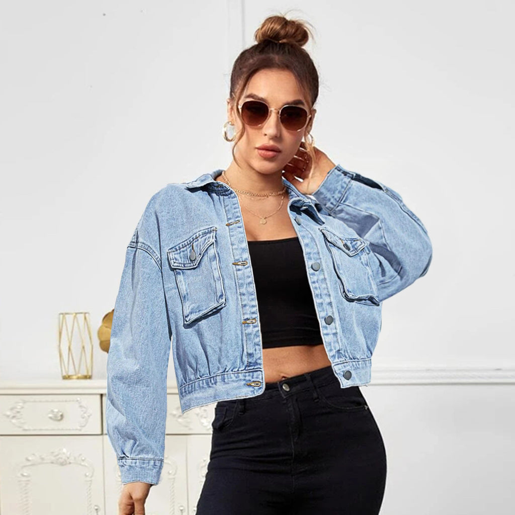 Women Cropped Boxy Denim Jacket with Patch Chest Pockets and Short Hem Fashion Glam